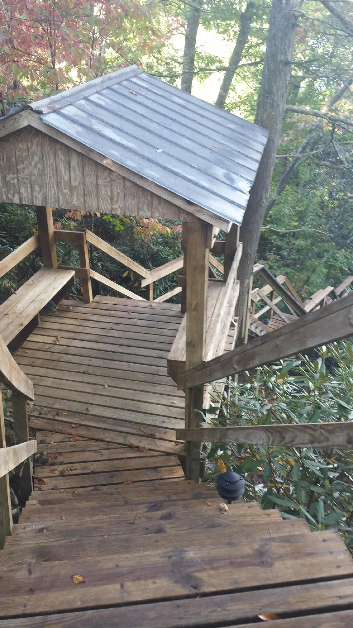 Metal roofed shelter over wooden steps on a wooded walkway — Skylight Repair & Installation work by our crew in Jonesville